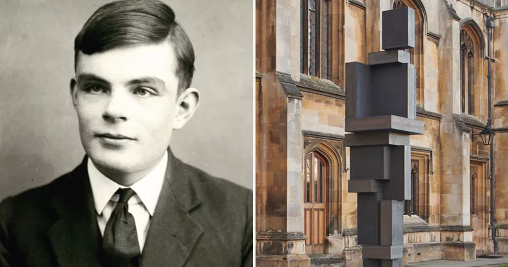 The image shows a two-way split screen of Allan Turing and the new sculpture. The image on the left shows a black and white head shot of Turing as a young man. He is wearing a suit and tie and his hair is short cropped and combed to one side. The image on the left shows a geometric grey sculpture in front of old buildings.