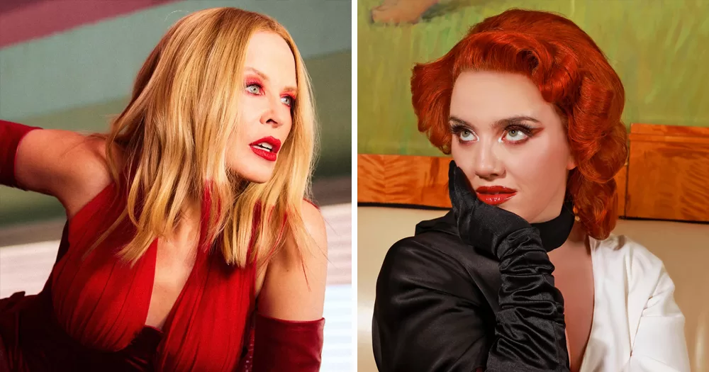 Split screen of Kylie Minogue and CMAT, who have both been nominated for the BRIT Awards. Kylie is on the left photographed from the chest up, leaning over in a red dress and looking out into the distance. CMAT is on the right, photographed from the chest up with her hand in a black glove holding her chin. She also looks up into the distance.