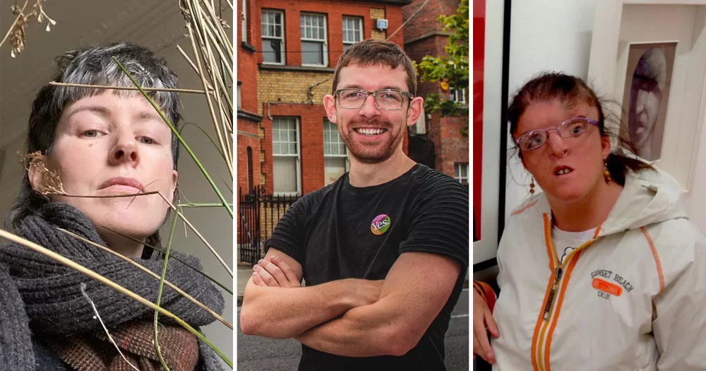 Split screen of portraits of three artists taking part in Disrupt Disability Arts Festival. Left is Suzanne Walsh, middle is AlanJames Burns, right is Yvonne Condon.