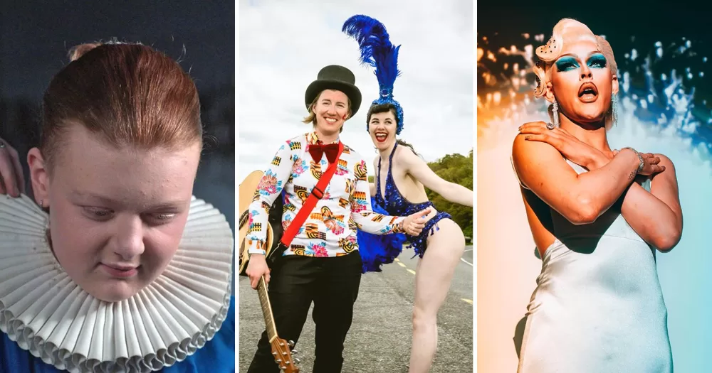 Split screen of promotional images for three queer events happening in February. Left is a still from a DIFF film, middle is a photo of The Wild Geeze duo, and right is an image of drag performer Shaqira Knightly.