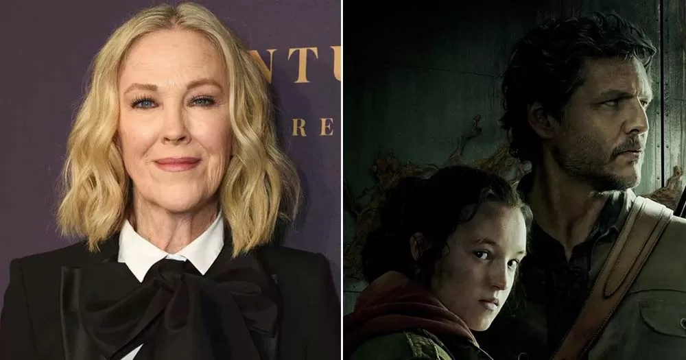 Two side by side photos of Catherine O'Hara and stars of The Last of Us.