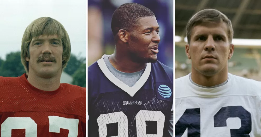 Split screen of three former NFL players who have come out as gay or bisexual. Left is Jerry Smith, middle is R.K. Russell, right is Dave Kopay.