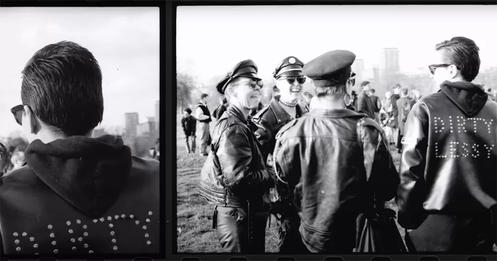 A still from the Rebel Dykes trailer. It shows two black and white archival images of a group of lesbians dressed in leather jackets and hats.