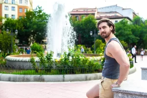 Santiago FC posing in front of a public fountain.