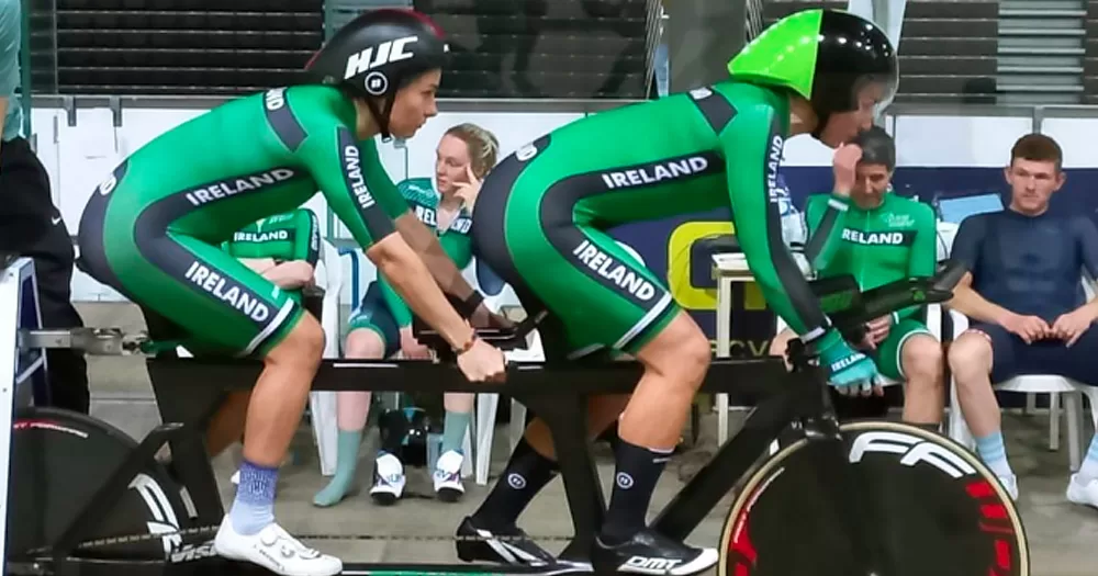 Irish Paralympic cyclists Katie-George Dunlevy and Eve McCrystal, who set a new national record, preparing for a race.