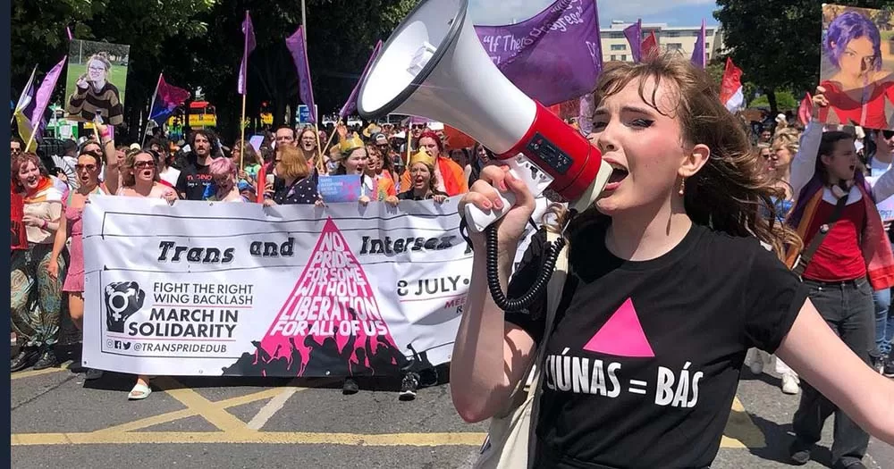 Photograph of Jenny Maguire leading a protest, she has been elected as the new president of Trinity College Dublin Students’ Union