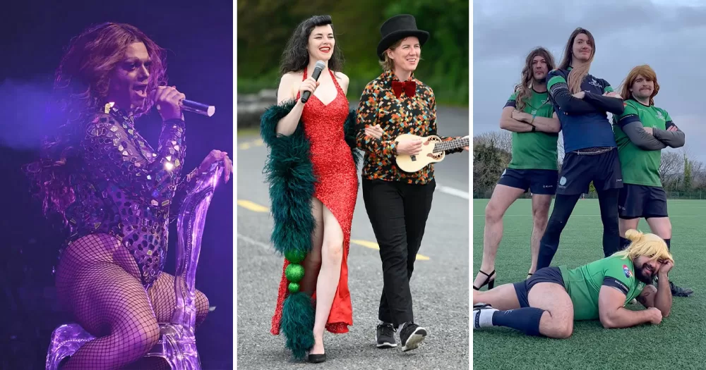 A split screen of three queer events happening in April. Left is a film still from Queer Spectrum Film Festival, middle is a photo of The Wild Geeze, and right is a photo of the Emerald Warriors dressed in wigs.