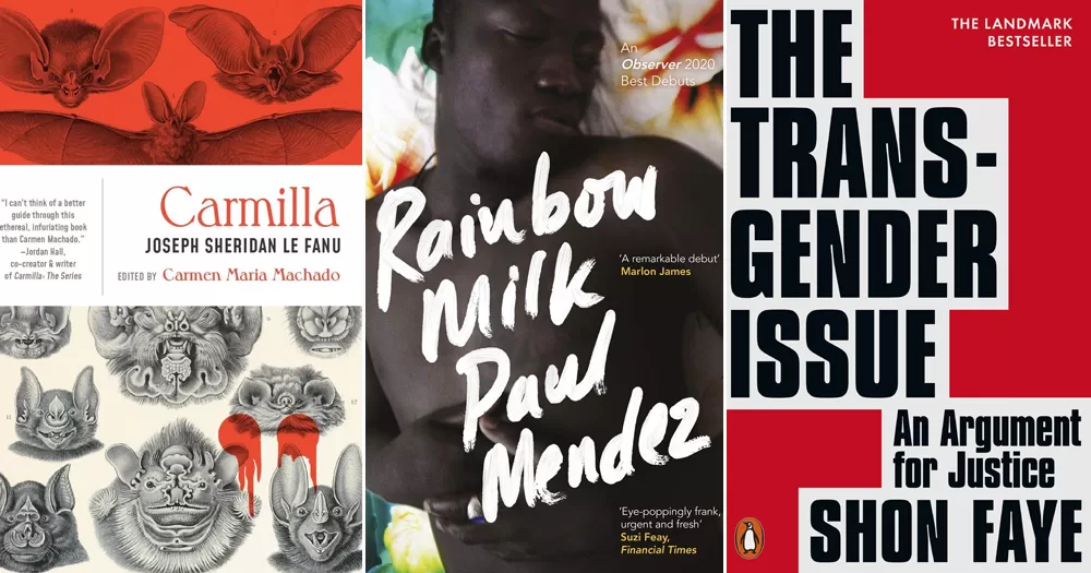 Split screen of queer books to add to your to-be-read list, including Carmilla, Rainbow Milk, and The Transgender Issue.