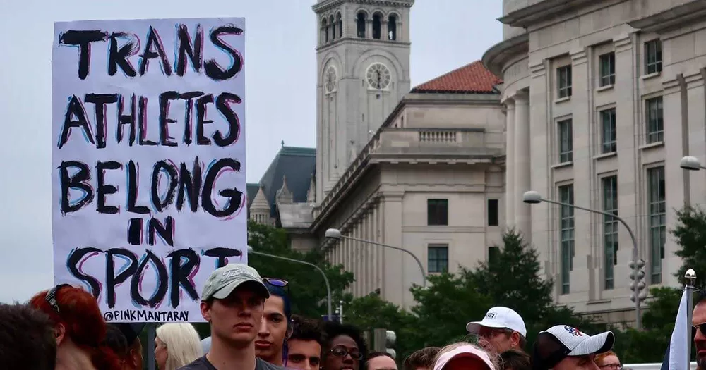 WASHINGTON - SEPTEMBER 28, 2019: NATIONAL TRANS VISIBILITY MARCH ON DC - sign Trans Athletes Belong in Sport