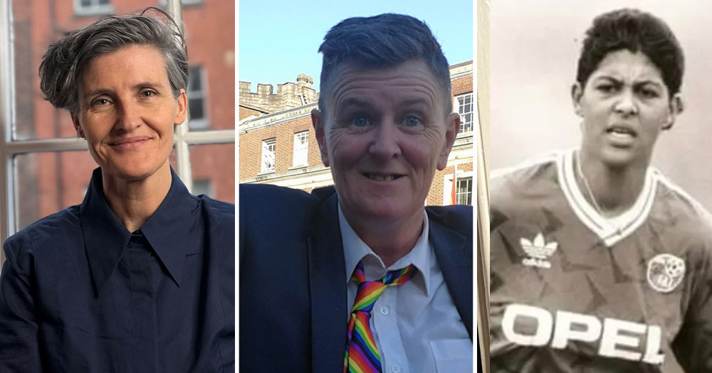 A split screen of three Irish lesbian trailblazers. Left is Anna Nolan, middle is Izzy Kamikaze and right is Jackie McCarthy O'Brien.