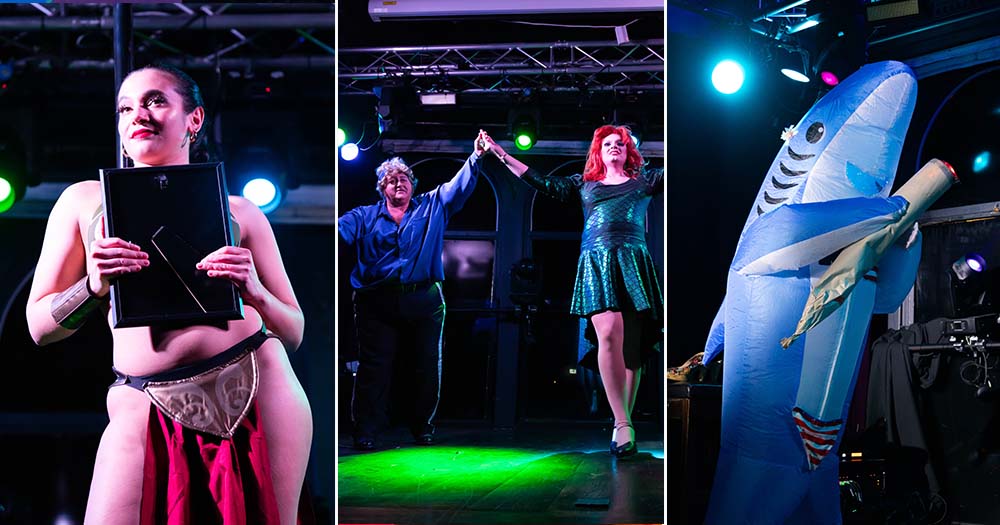 Three side-by-side photos featuring candelight cabaret performances forecasting the Pride event