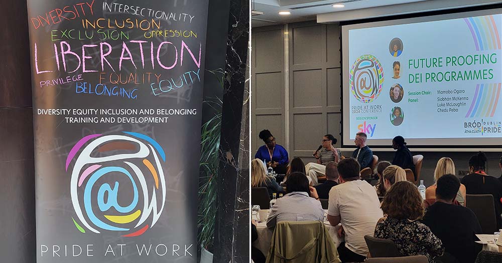 Side by side photos of Pride at Work poster and conference presenters standing next to projection screen