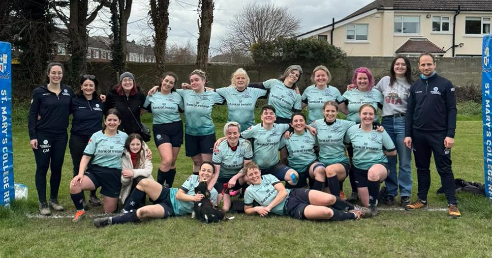 Team photo of Irish women's+ rugby team the Emerald Warriors.