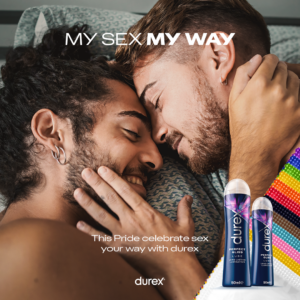 Two people smiling and hugging on a bed with a picture of Durex lub and the message "my sex my way".