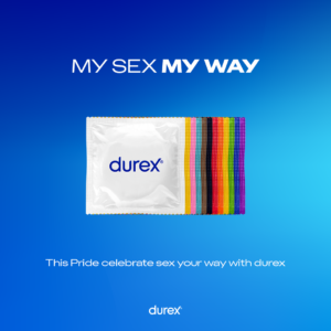 Graphic with Durex condom foil wrappers in the centre and the message "my sex my way" on a blue background.