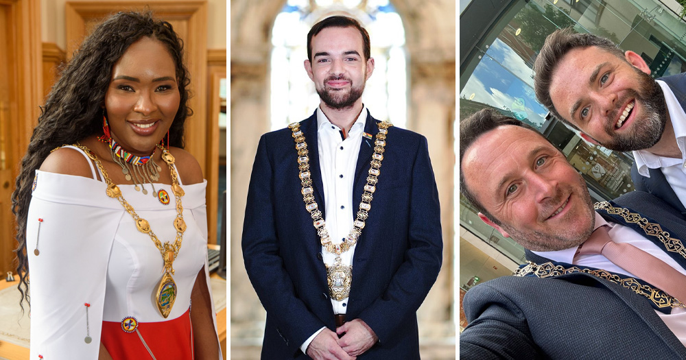 A split screen of three councillors in Northern Ireland. Left is Lilian Seenoi-Barr, middle is Micky Murray and right is Pete Byrne.