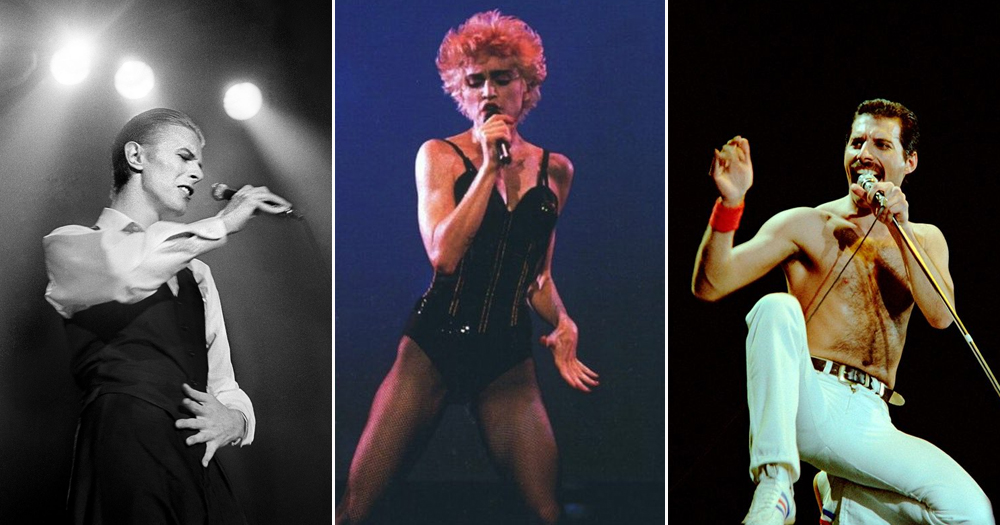 This article is about the book 1984 - The Year Pop Went Queer Book. In the photo is a split screen showing David Bowie, Madonna and Freddy Mercury.