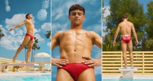 Splitscreen of water safety campaign featuring Tom Daley wearing red knitted speedos.