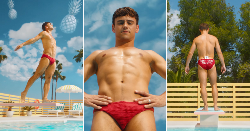 Splitscreen of water safety campaign featuring Tom Daley wearing red knitted speedos.