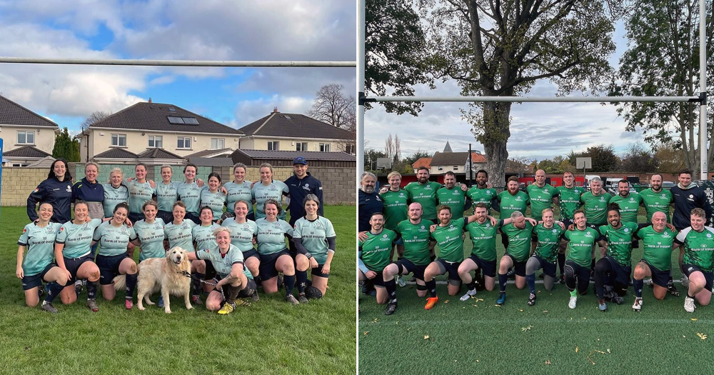 Split screen of two Emerald Warriors team, who place amongst the top 5 in the world, facing the camera as they pose for a group shot.