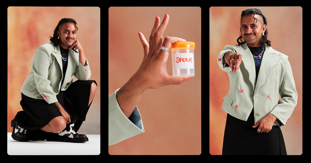 Promotional image of show First Trimester, with performance artist Krishna Istha posing in three different images.