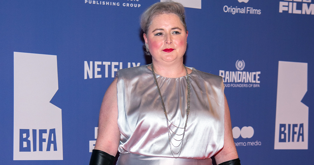 Actor Siobhan McSweeney, who was announced as a judge in Drag Race UK, posing for photos on the red carpet wearing a silver dress.