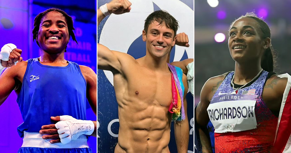 Split screen of queer athletes from the Paris 2024 Olympics: Cindy Ngamba (right), Tom Daley (centre), Sha’Carri Richardson (right).