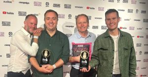 Makers of the Blood On The Dance Floor podcast, which explores the murder of gay Northern Irish police officer Jordan Dunbar, posing with their British Podcast Awards.