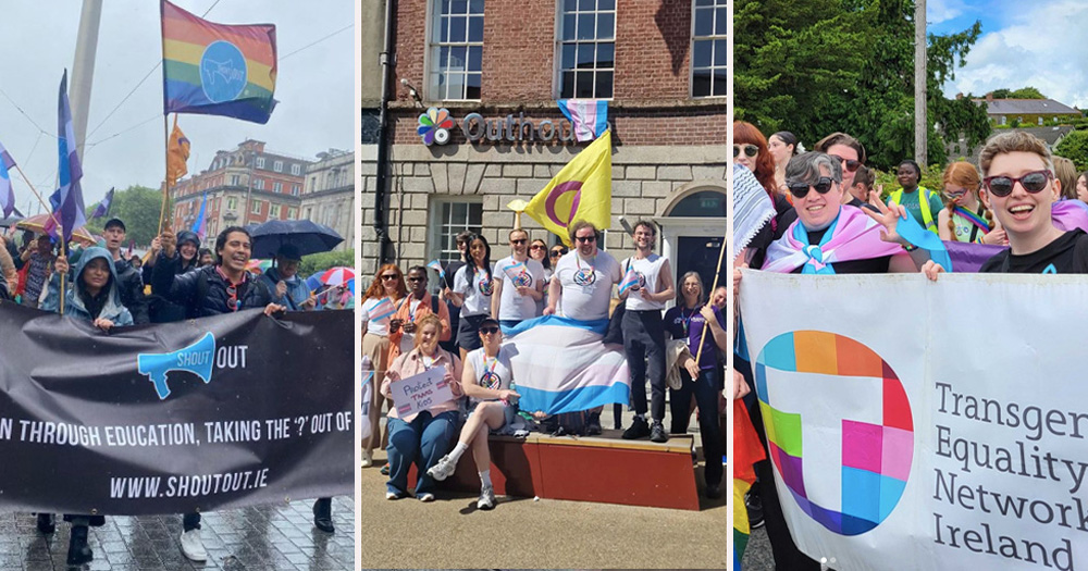 This image shows three irish LGBTQ+ charities. Inclusding Shoutout,, TENI and Outhouse