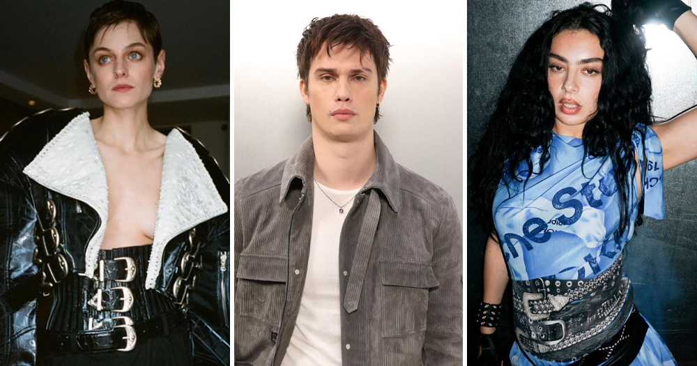 Split screen of three cast members of a new queer film, left to right: Emma Corrin, Nicholas Galitzine and Charli xcx.