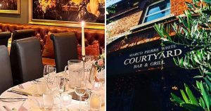 Split screen of two images from Marco Pierre White Courtyard in Donnybrook.