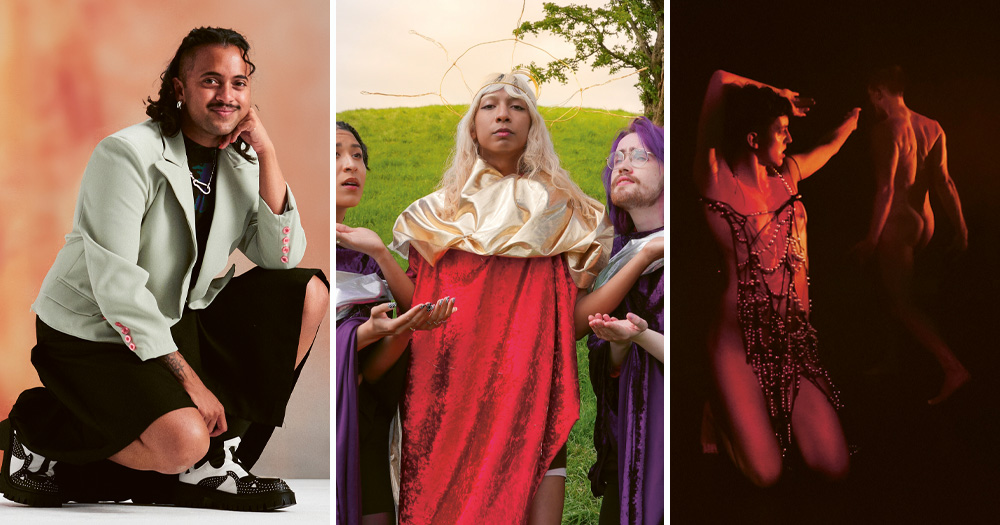 Split screen of three promotional images for queer Dublin Fringe shows. Left is First Trimester, middle is Monsters and right is Queer Sanctuary.