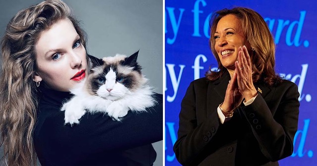 side by side photos of Taylor Swift and Kamala Harris following Taylor's official endorsement