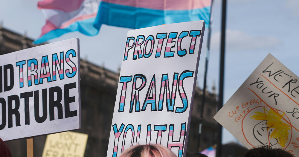 transgender flags and signs at a pride march.