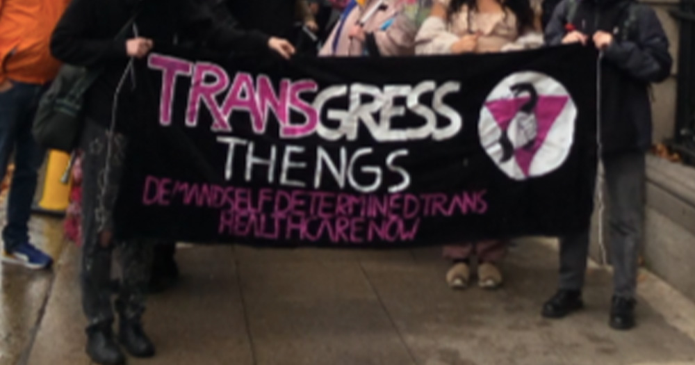 This image shows participats holding a 'Transgress The NGS sign' at a Dublin rally.