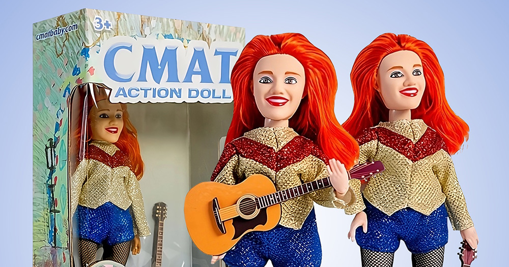 Promotional image of the CMAT doll. On the left is the doll in its box, while on the right are two of the dolls, one of which is holding a guitar.