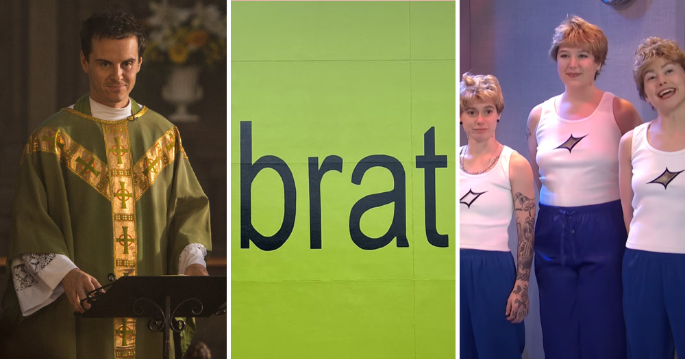 A split screen of three Halloween costume inspirations for 2024. Left is Andrew Scott as Hot Priest, middle is the Brat Wall, and right is boygenius dressed as Troye Sivan.