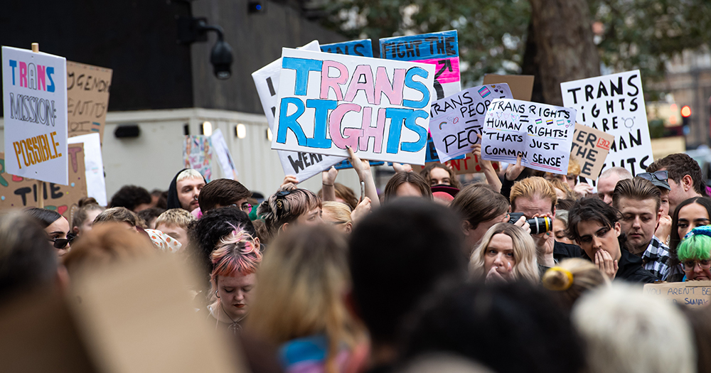 This article is about an Irish TD criticising the Cass Review. People protesting and holding signs that read "trans rights".