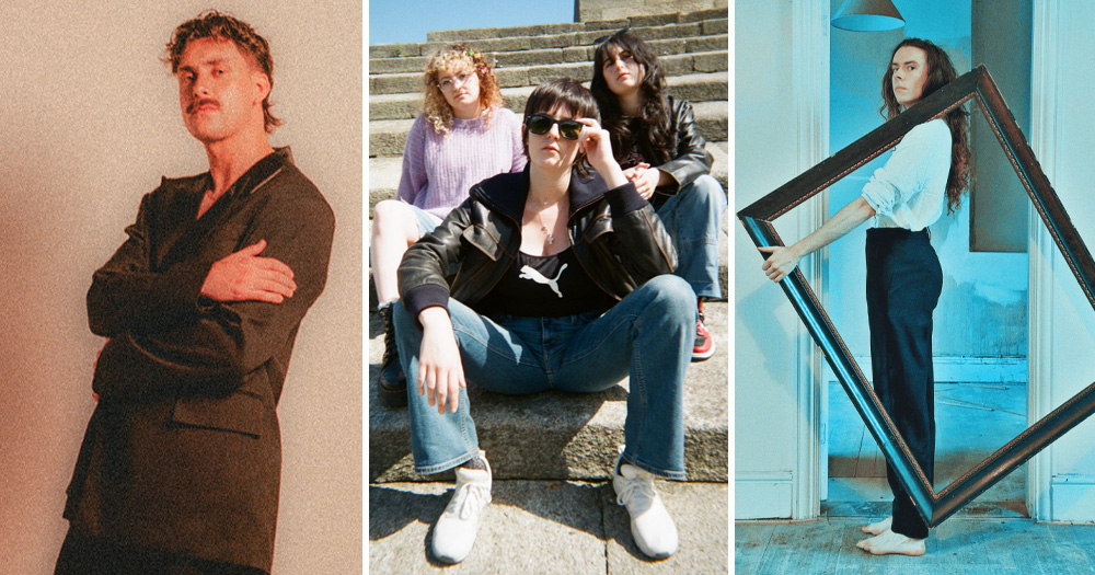 A split screen of three queer Irish artists who have recently released songs. Left is Tim Chadwick, middle is Martina and the Moons, and right is Day Magee.