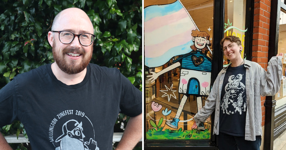 A split screen of two queer comic creators taking place in Thought Bubble events. Left is Sam Orchard and right is Theo Parish.