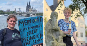 In this text, two #OutInChurch activists from Germany answer the question if it is possible to be religious and queer. Pictured are the two activists, Junia on the left and Sr. Micha on the right. Junia is wearing a shirt that says "#Catholic and queer" and holds a sign that says "My god doesn't discriminate against but my Church does". Sr. Micha is pictured on the day they became an oblate, holding a candle and standing next to a statue.