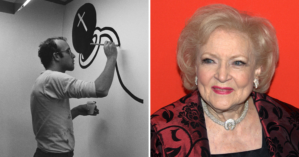 Split screen of Keith Haring and Betty White.