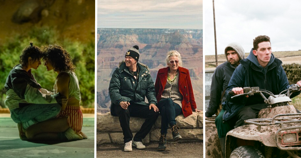 3 LGBTQ+ film shots side by side with Lou and jackie from Love Lies Bleeding kneeling together. Then Will Ferrel and Harper Steele from Will & Harper sitting by the Grand Canyon. Then Johnny and Gheorghe from God’s Own Country riding a four wheeler.