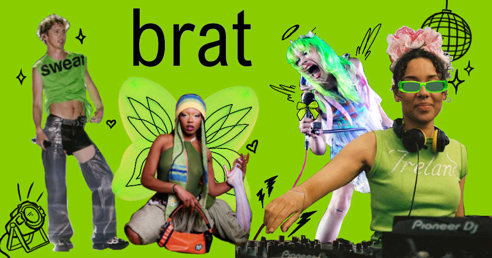 troye Sivan on the left waearing a green shirt that says sweat. A person with a green shirt that says ireland at a dj boothon the right. A singer with little wings and a halo with green hair next to them. In the middle a model with fairy wings. All wearing green . Text says Brat.