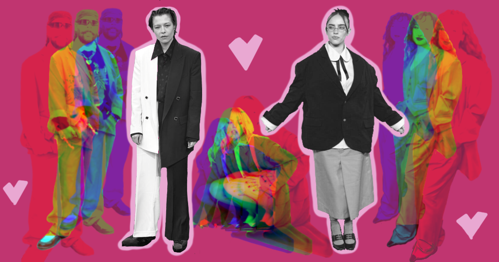 3 cebreties in the backround in a rainbow effect wearing blazers. Billie Eilish and Emma Darcy at the forefront in black and white wearing oversized blazers.