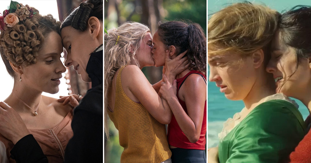 This is an article about authentic and good lesbian couples in movies and series. Pictured are couples from Portrait of a Lady on Fire (right), Gentleman Jack (left) and The Wilds (middle).