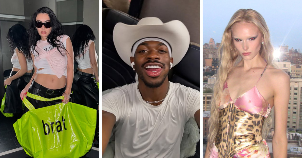 A split screen of three queer fashion trends from 2024. Left is Charli xcx with a lime green Brat bag, middle is Lil Nas X in a cowboy hat, and right is Alex Consani in cheetah print.