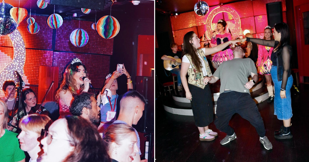 Photos from queer Céilí Sí-bín, with people dancing in Pantibar.