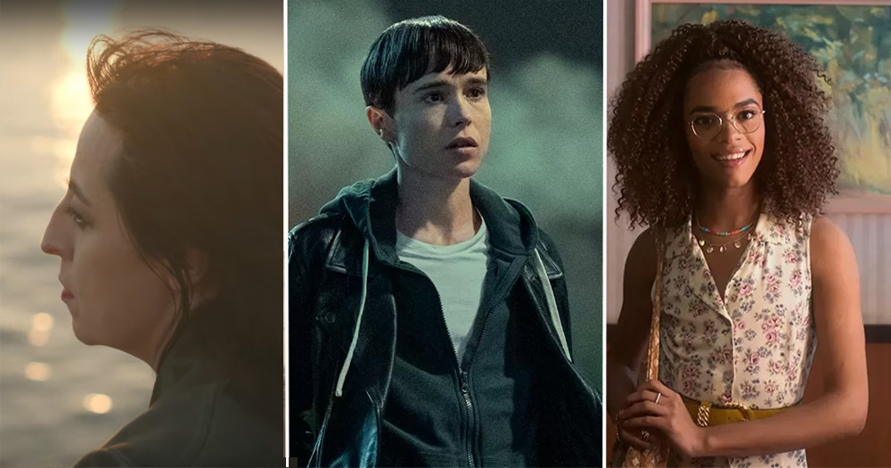 This is a text listing series and movies with positive trans representation. Pictured are three great trans characters played by trans actors. Left is Deniz Dumanli as Evrim in Crossing, in the middle is Elliot Page as Viktor in The Umbrella Academy and on the right, is Yasmin Finney as Elle from Heartstopper.