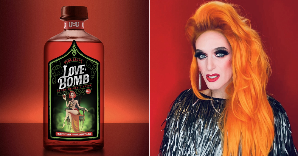 A split screen of Veda Lady and her new liqueur.